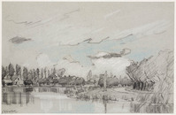 KT 1313
<br/>
Landschap met water, boerderijen, bomen en een wolkenlucht
<br/>
<em>Bastert, Nicolaas (1854-1939)</em>